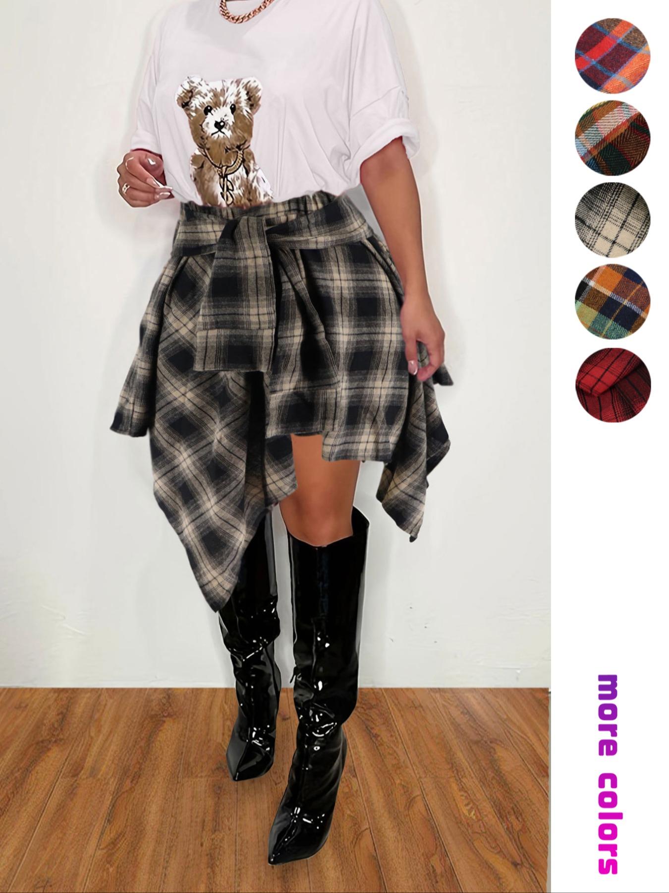 Women's Plaid Print Asymmetrical Hem Short Skirt, Casual Fashion Tie Front A Line Fitted Skirt for Daily Wear, Ladies Summer Clothes Womenswear Bottom Boho Skirt