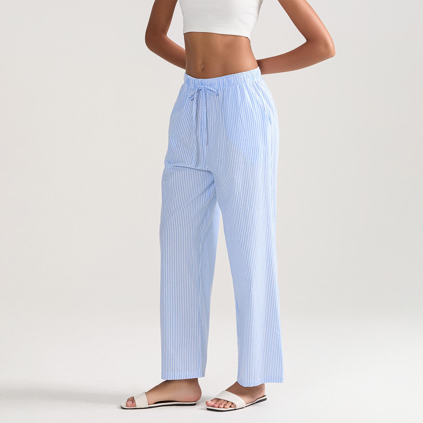 Ladies Female Women's Casual Stripe Print Pants, Drawstring Elastic Waist Loose Straight Long Pants with Pockets Womenswear Trousers Streetwear