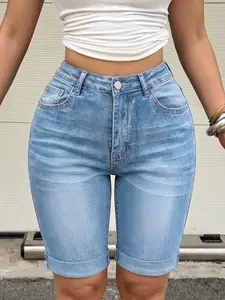 Women's High Waisted Light Wash Denim Bermuda Shorts, Slim Fit Rolled Cuff, Casual Y2K Streetwear for Daily Wear, Everyday, Spring Summer