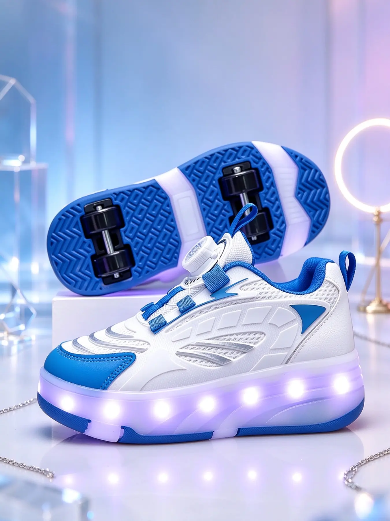 LED Flashing Adjustable Four-Wheel Roller Skates, Night Safety Shoes, Unisex Outdoor Play, PU Leather, Rubber Sole, Quad Roller Skates