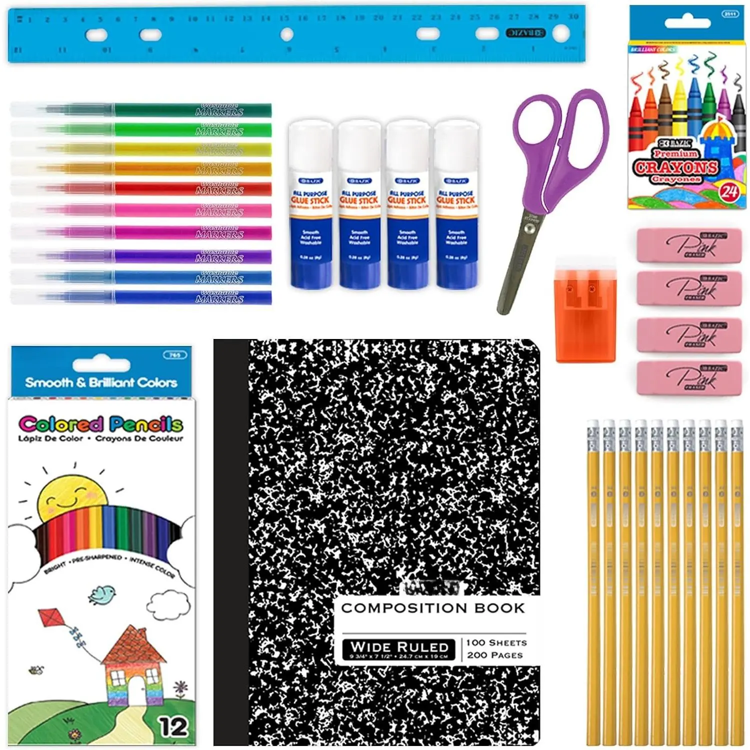 Elementary School Starter Pack, 60-Piece Pre-Packed Core Supply Kit with Wide Ruled & Core Writing Tools for Classroom Use