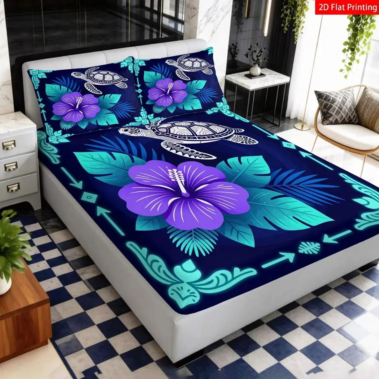 3-Piece Hawaiian Bedding Set, Turtle & Orchid Print, //, Tropical Theme, Bedroom Decor