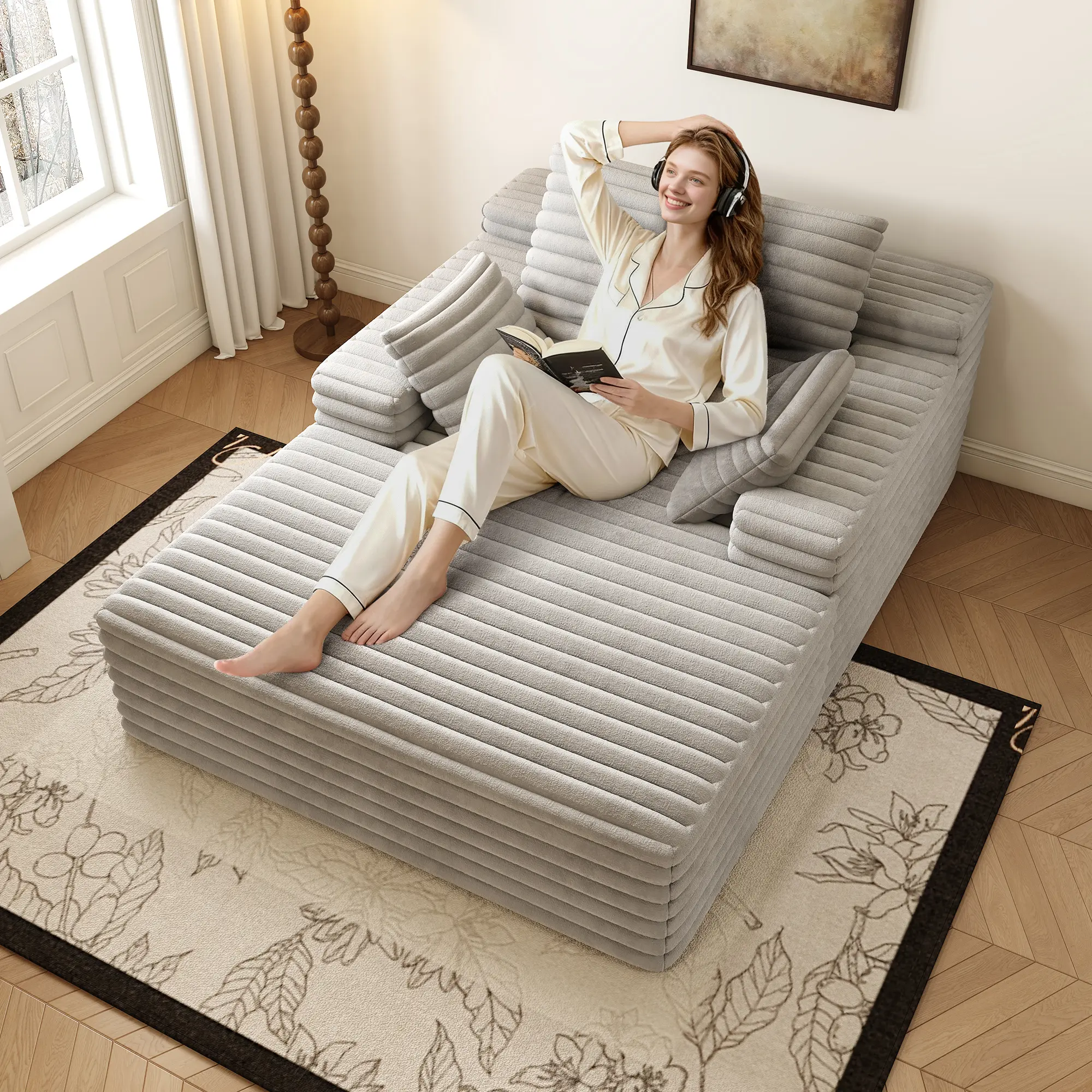 ARCH Oversized Chaise Lounge Chair Indoor Upholstered Sofa Bed Sleeper Couch Fluffy Plush Faux Fur Cloud Sofa for Living Room Reading Room Grey, Living Room Furniture for Apartment, Lounge, Family Room, Office and Home Seating, Sofa Couch Seating