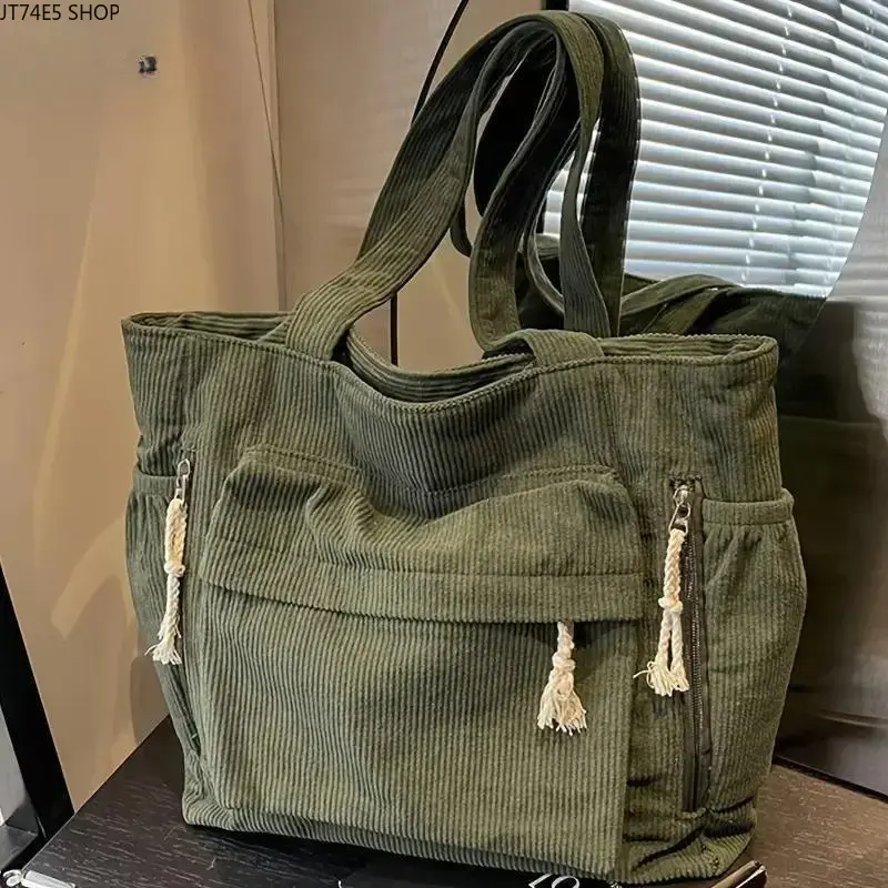 Women's Female Synthetic Corduroy Tote Bag - Casual Retro Texture, Large Capacity, Heavy-Duty, Multi-Compartment, Daily/Travel Handbag with Fixed Straps, Secure Zipper Closure (Olive Green, Navy Blue)