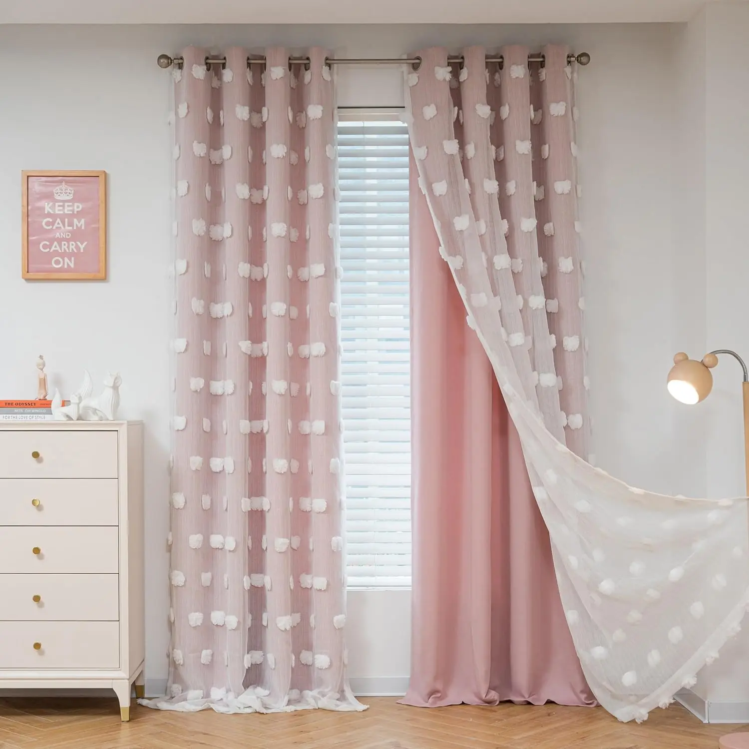 Pink Curtains for Girls Bedroom 84 Inches Long Blackout Nursery Curtains Double Layer Pom Pom Sheer Overlay Kids Toddler Room Decor Grommet Privacy Room Darkening Window Drapes 52 x 84 Inch