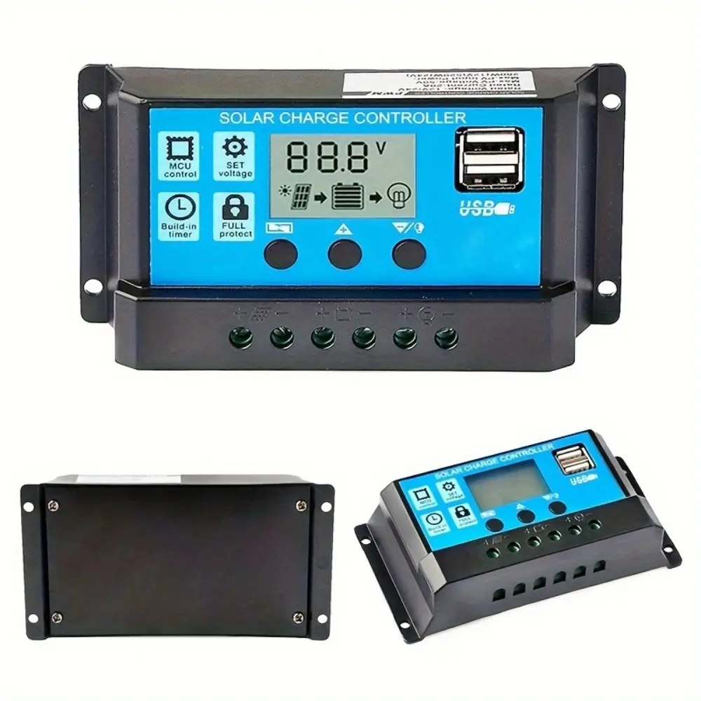 1pc PWM blue controller, solar charging and discharging controller, 12V 24V automatic LCD screen, solar regulator with dual USB ports, using photovoltaic regulation, solar panel control