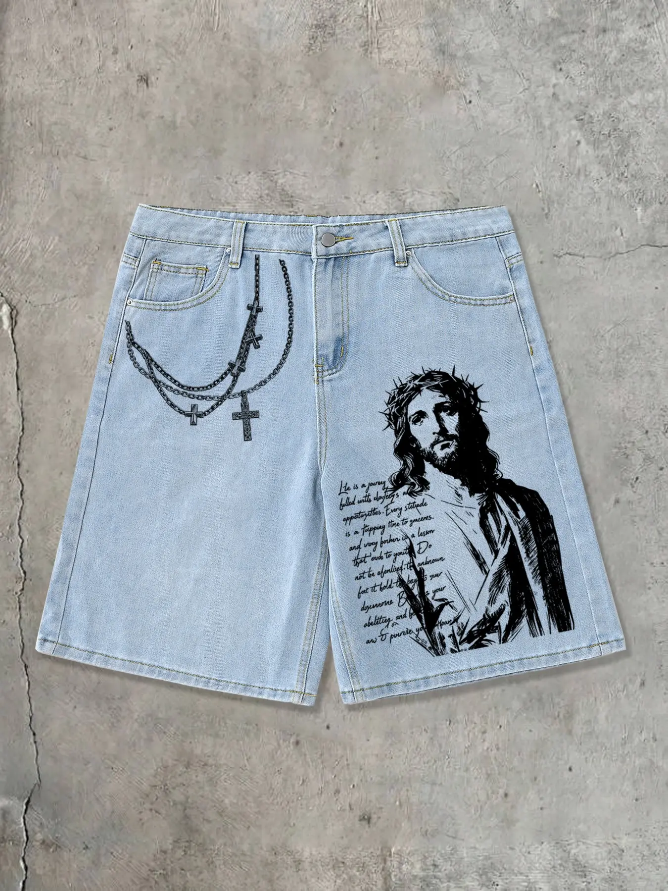 Men's Casual Denim Jean Shorts, Light Wash, Jesus and Chain Graphic Print, Loose-Fit Baggy Oversized, Streetwear, Music Festival Fashion, Sweet Cool Contrast Style