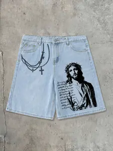 Men's Casual Denim Jean Shorts, Light Wash, Jesus and Chain Graphic Print, Loose-Fit Baggy Oversized, Streetwear, Music Festival Fashion, Sweet Cool Contrast Style