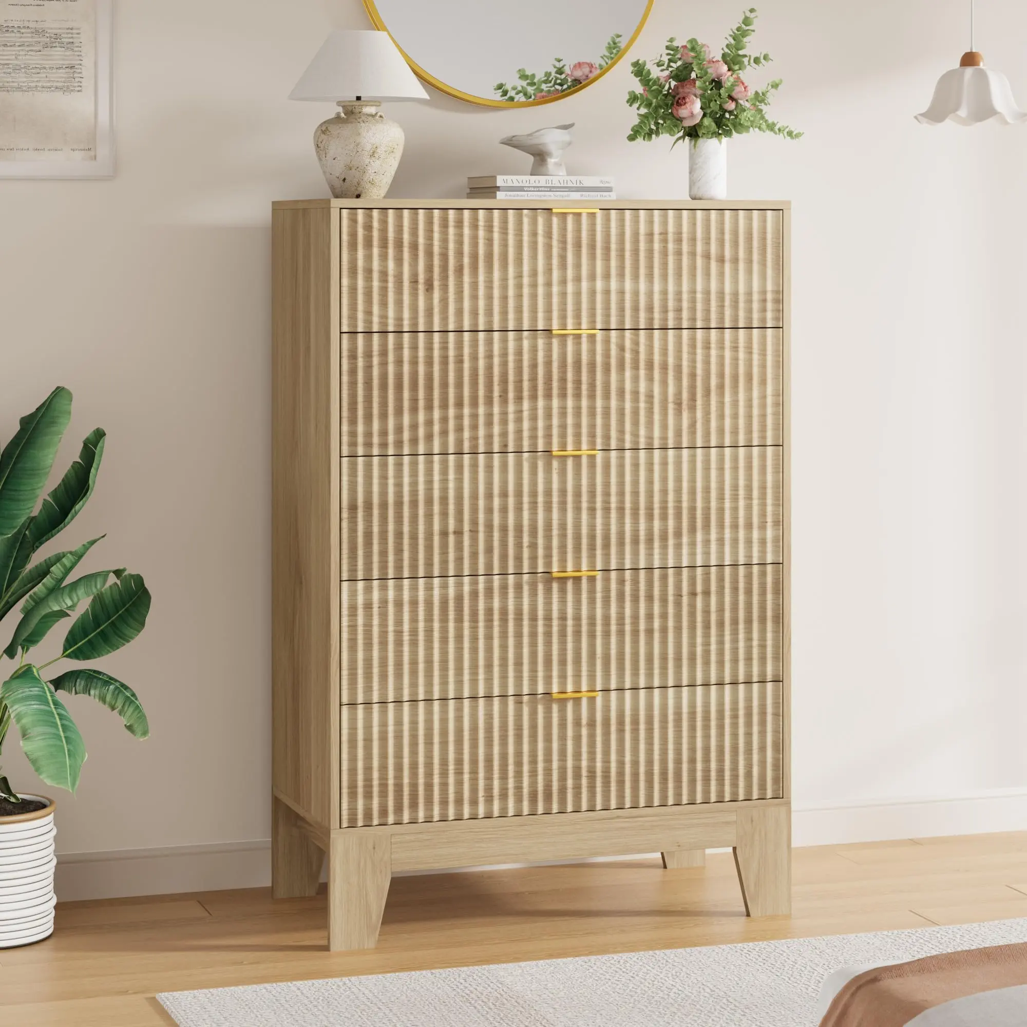 5-Drawer Dresser for Bedroom, Fluted Chest of Drawers with Metal Handle, Modern Wooden Dresser TV Stand, Clothes Storage Organizer Wood Closet for Hallway, Entryway,Oak/White/Black