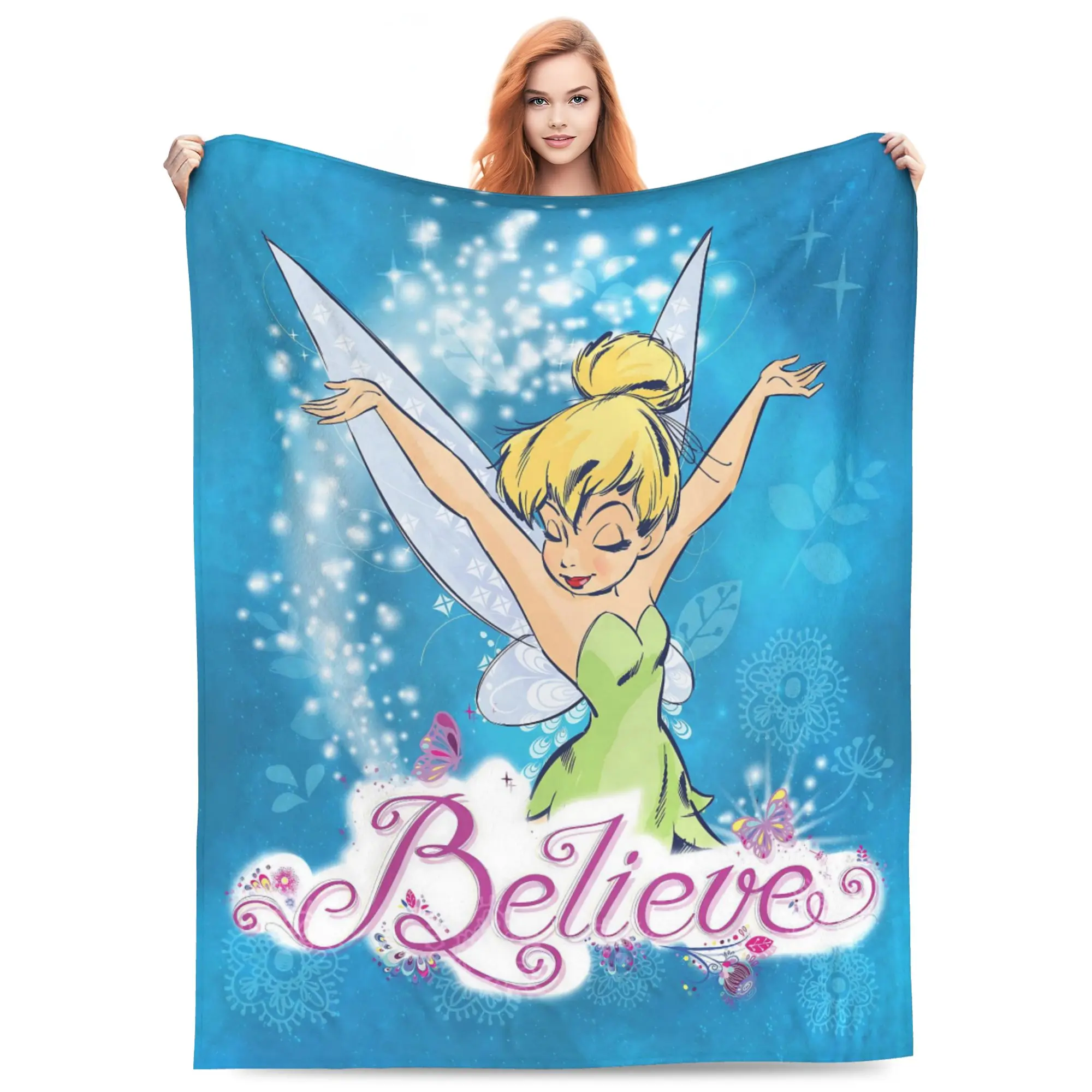 DISNEY CLASSIC Tinker Bell Believe Blue Starry Throw Blanket, Tink Fairy Butterfly Floral Sparkle Sky Print Flannel Fleece Blanket Soft Cozy Blanket for Sofa Bed Gift for Girls
