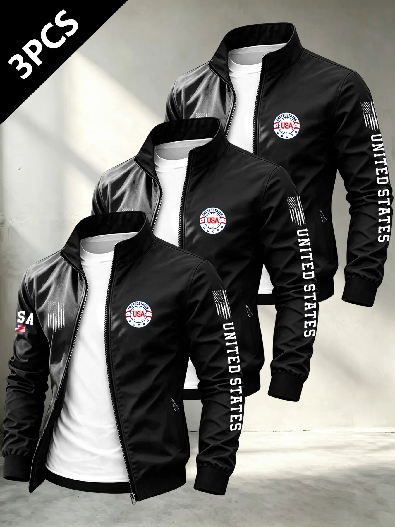 Men's All-Season Stand Collar Windproof Jacket, Usa Patriotic Letter Badge Flag Print, Smooth Metal Zipper, Casual Fitted Style