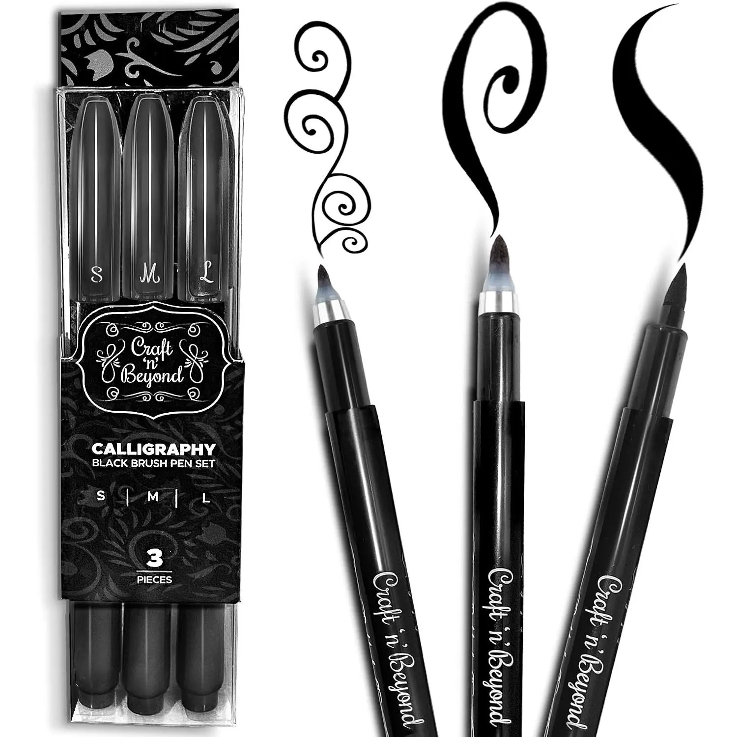 Calligraphy Brush Pens Set (3 Sizes: Small, Medium, Large) - Beginner Office Stationery Kit with Fadeproof Black Ink for Hand Lettering, Art Drawing, Beginners, Fadeproof Ink