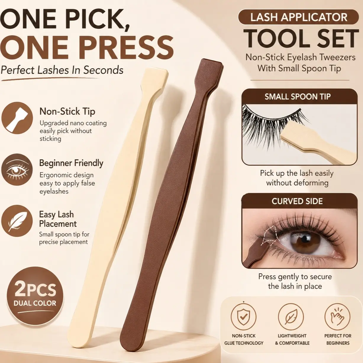2PCS Lash Applicator Tool Set, Non-Stick Eyelash Tweezers With Small Spoon Tip, Beginner Friendly False Lash Applicator, Dual Color, Diy Lash Tools, Make Up Tools
