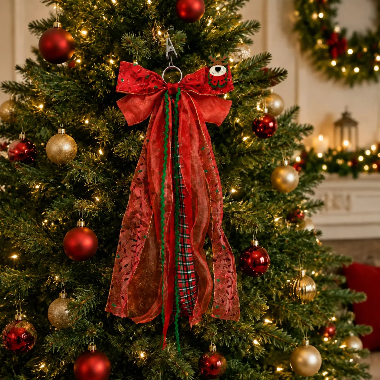 2 Pcs Christmas Assorted Ribbon Bow for Wreath, 10'' x 24' Large Xmas Clip On Wreaths Ribbon Bundle, Red Green Decorative Wreath Sash Bundle for Christmas Party Front Door Yard Porch Decor