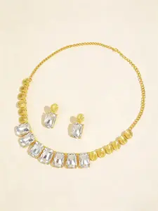Metallic Geometric Square Jewelry Set, Light Luxury Crystal Gemstone Necklace & Earrings 2-Piece Set
