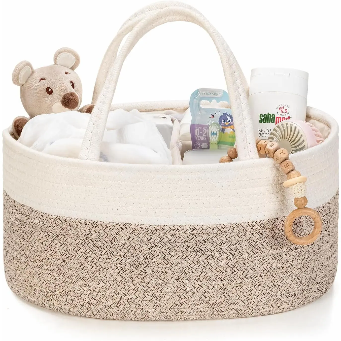 Diaper Caddy Organizer, Empty Gift Basket for Newborn Essentials, Baby Storage Basket, Stylish Gift Bag for Baby Shower, Boys and Girls - Small, White&Beige Brown, Fabric Storage Basket, One-Piece