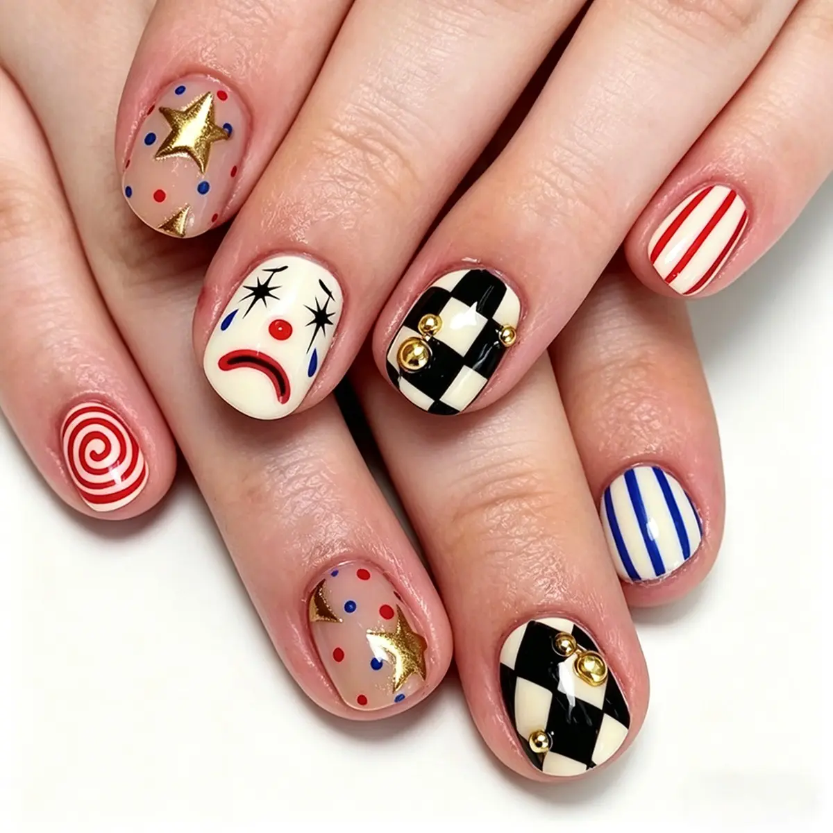 24pcs Press-On Nails Set, Includes Jelly Glue & File, Checkerboard Stripes Polka Dots Gold Star Metal Beads, Vintage Clown Design False Nails, Pressed On Nails, Decorative Nails