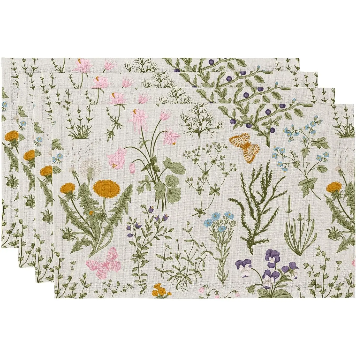 Boho Linen Rectangle Placemats Set of 4 (18x12 in, Durable) - Classic Floral Cloth Table Mats with Wildflowers Herbs, Washable Indoor Coasters for Farmhouse Rustic Kitchen, Birthday Botanical Décor