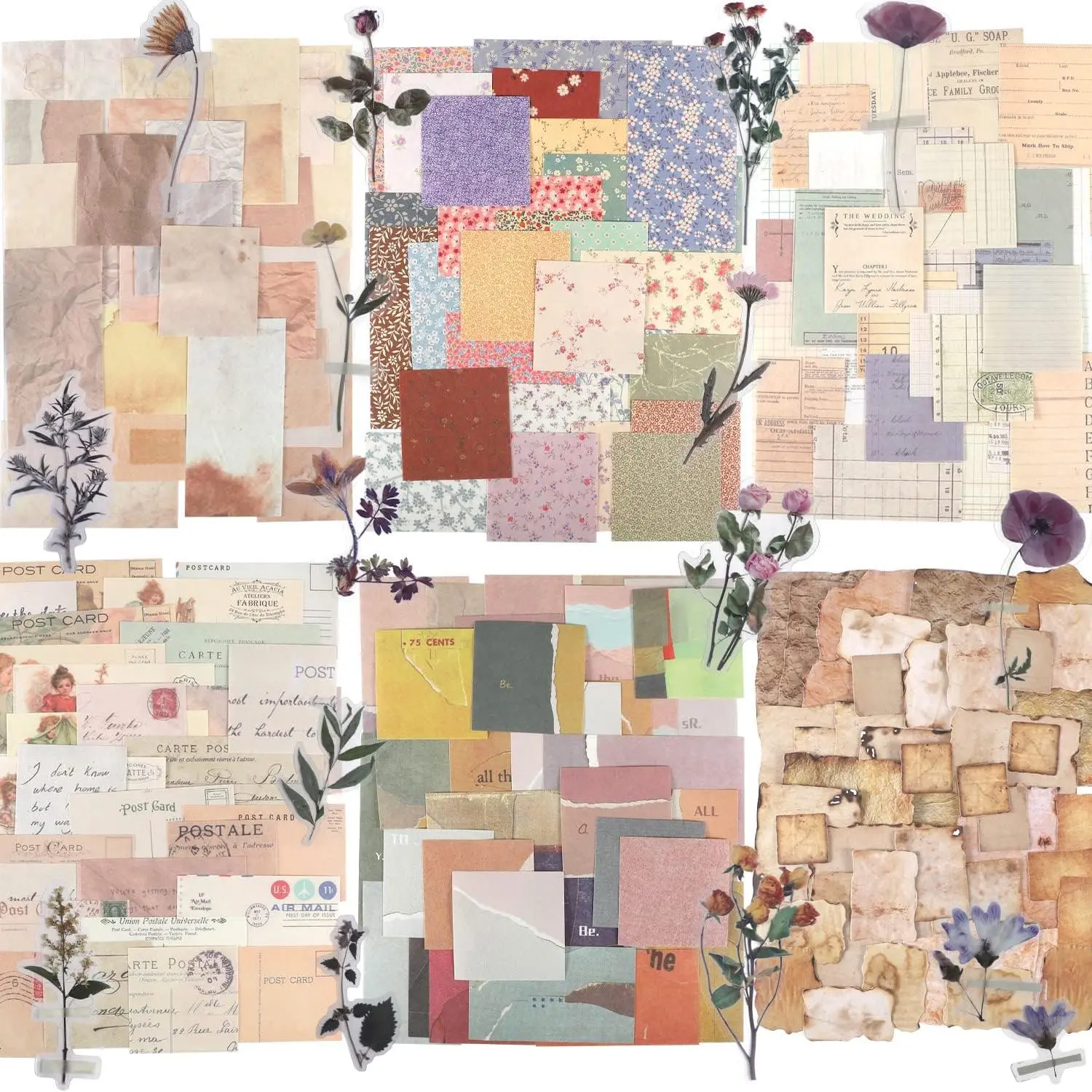 Vintage Theme Scrapbook Kit - 40 Single-Side Print 2.3x4.3in Washi Sheets, Sticky Floral Stickers, Landscapes-Infused Decor for Planner, Retro Crafts, Creative Inspiration, Easy Storage, Craft Paper