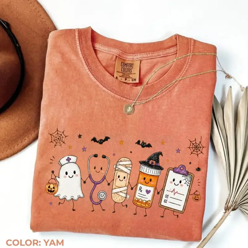 Halloween Nurse Doodle Shirt, Ghost Nurse Life Graphic Tee, Stethoscope Mummy Pill Bottle Medical T-Shirt