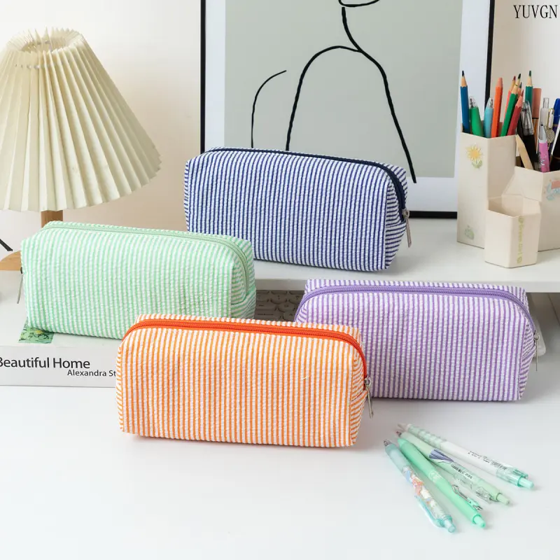Vertical Striped Seersucker Pencil Pouch, Zippered Spacious Portable Storage Bag, Multifunctional Organizer for Students, Sports & Outdoor Gym Accessory Desk Decor