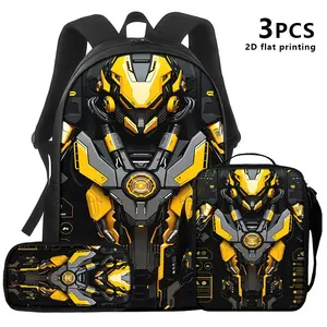 This three-pack includes a backpack, lunch bag, and pencil case, featuring a yellow and black mecha armor design; it's an ideal choice for tech enthusiasts, daily commuters, or short trips.