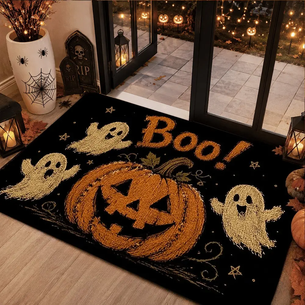 Halloween Classic Pumpkin Lantern with Little "Boo!" Letter Print Pattern Entrance Doormat - Foyer Welcome Mat, Pet-Friendly Welcome Doormat, Soft Absorbent Non-Slip Bath Mat, Festive Atmosphere Kitchen Home Decor Rug, Bedside Mat