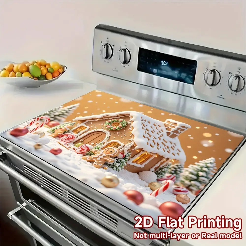 Christmas themed gingerbread house pattern design, rubber stove cover, heat-resistant, anti slip, absorbent, easy to clean, oven mat, refrigerator mat, kitchen stove cover, suitable for surface protection of ovens, washing machines and appliances