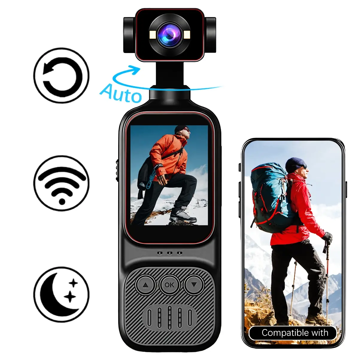 Body Camera, 2K Mini Camera with 8X Digital Zoom and 270° Rotatable Lens, Portable Camera with LED Fill Light for Vlogging, WiFi Connection, Video & Audio Recording for Outdoor Sports Hiking Running Cycling