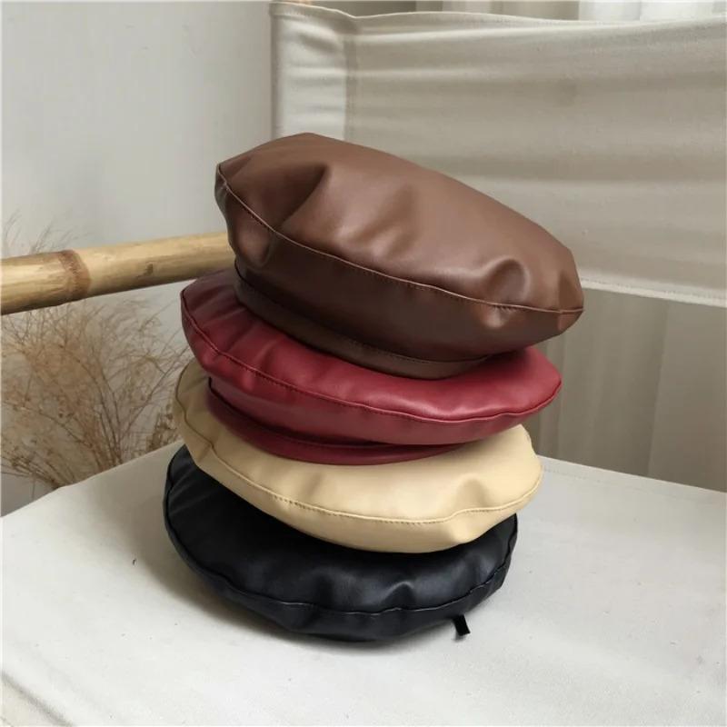 Fashion Autumn Winter Beret Beanie Hat Women Plain Beret Hats Solid Color Elegant Men Women Artist Caps PU Leather Painters Caps