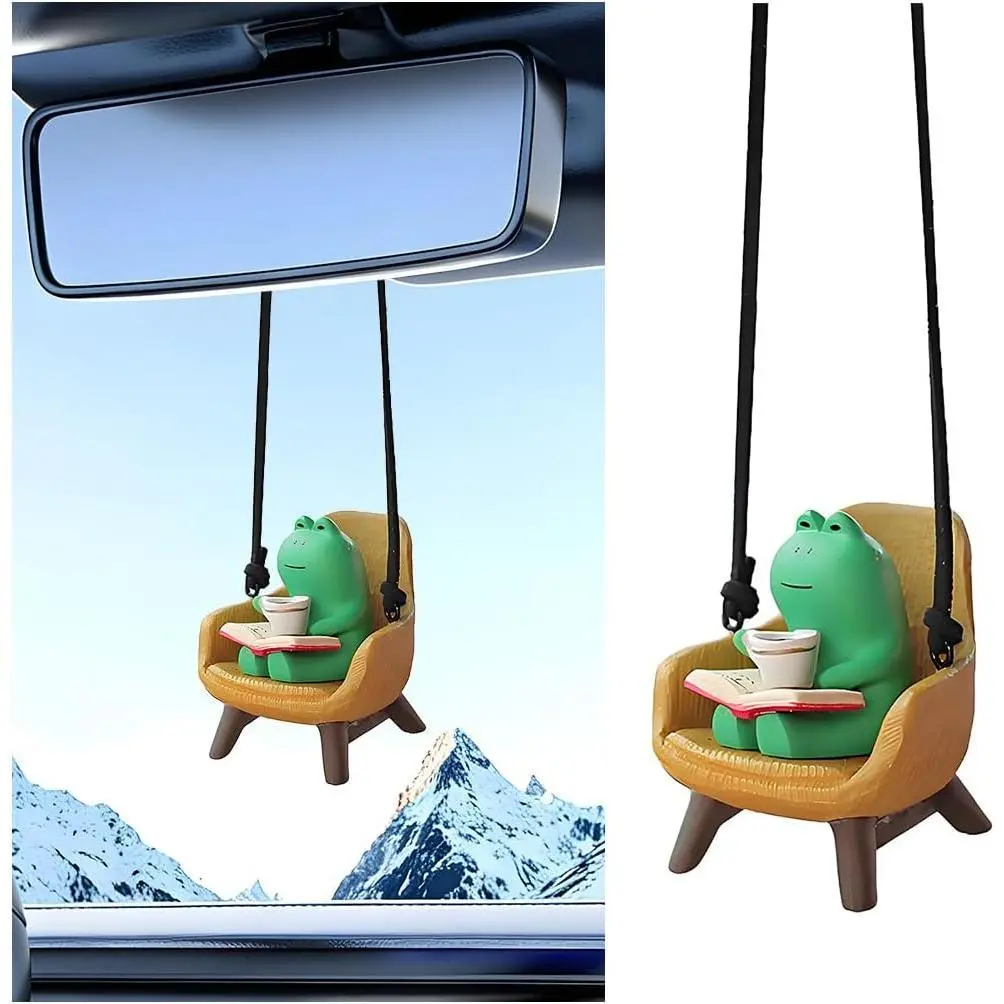 Frog Car Mirror Hanging Accessories, Swing Frog Sitting on Sofa Reading and Drinking Rear View Mirror Pendant, Kawaii Automotive Interior Rearview Charm, Universal for Most Vehicles