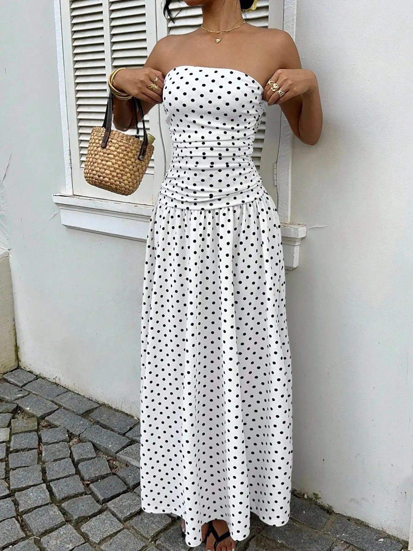 Women's Polka Dot Strapless Waist Cinched Tube Dress, Summer Chic Elegant Holiday Tea Party Wedding Guest Birthday Dress, Date Daily Commute, Elegance