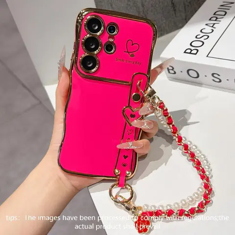 Luxury Aesthetic Electroplated Wave Pattern Dual Heart Large Window Wrist Strap Full Cover Anti-Scratch Anti-Drop Phone Case for Samsung Galaxy Casing