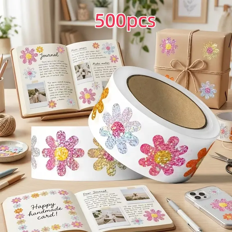 500 Sheets/l Roll Laser Flower Stickers, Stationery Decorative Stickers, Gift Packaging Floral Envelope Seals, Creative Paper Crafts