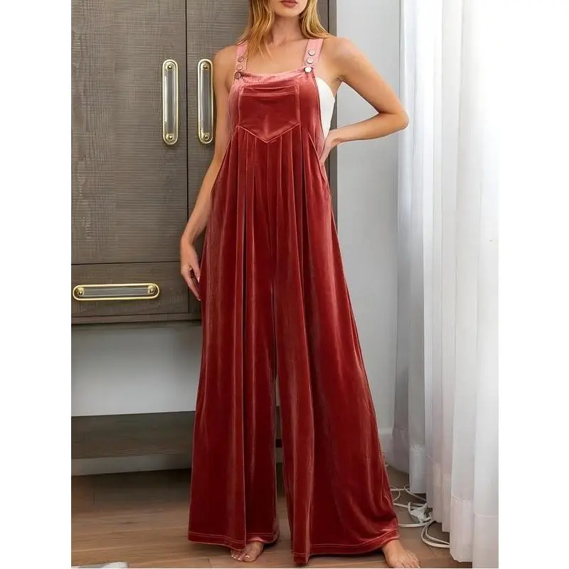 Plus Size Casual Solid Vintage Golden Velvet Pocket Bib Jumpsuit - 100% Polyester Round Neck Hand Washable Spring Autumn Wear Chic Comfortable Design for Women Overalls Brick Red Minimalist Sleeveless