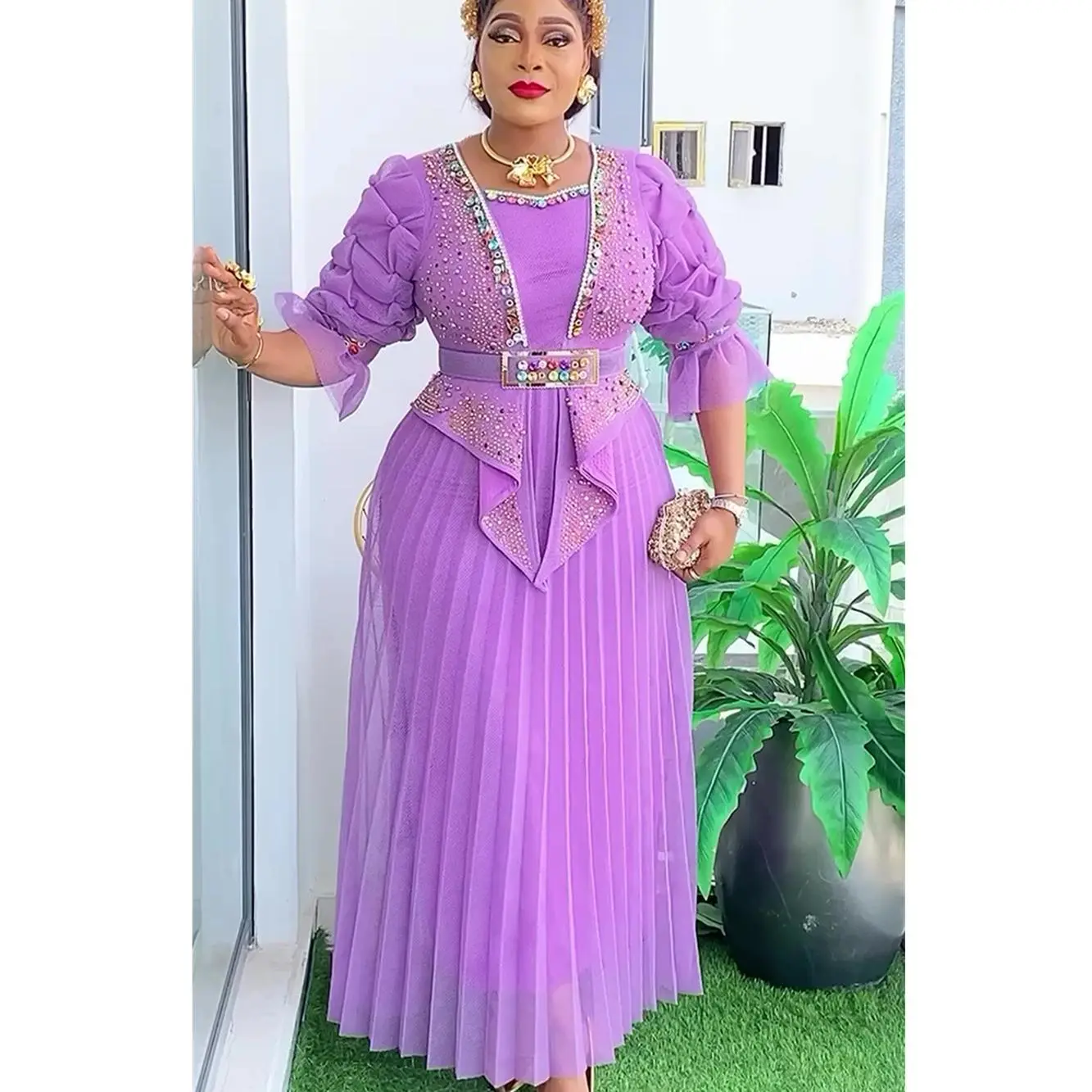 Women's Plus Size Maxi Dress, Elegant Ankara Gown with Plant Print and Short Sleeves for Spring Party & Wedding Guest, Plants, Evening, Xxl, L, Lady, Xxxl, Ankara Print, Dress Up, Clothes, Maxi Length, Commute Look, African-Inspired Style Party Dresses
