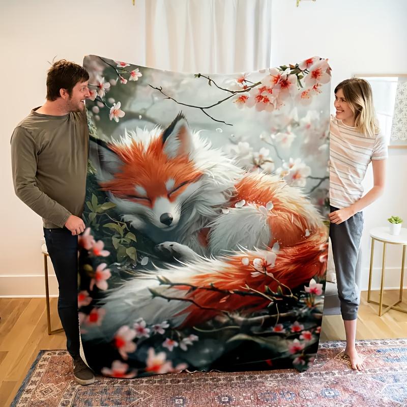 Vintage Fox Print Blanket Cottagecore Room Decor Reversible Flannel Throw Woodland Animal Aesthetic Soft All Season Bedding
