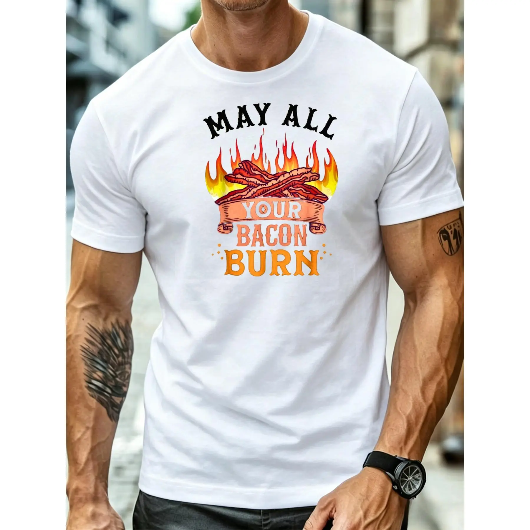 1pc Men'S Graphic T-Shirt "May All Your Bacon Burn" Print Short Sleeve Crew Neck Regular Fit