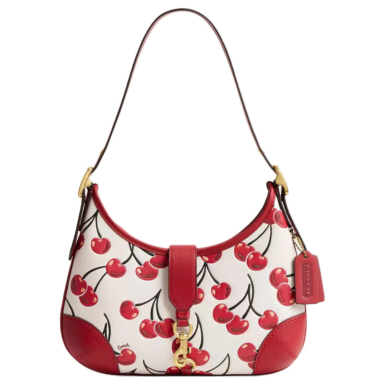 COACH Hamptons 27 Cherry-Print Zip Top Handle Bag for Women – Full-Grain Leather, Half-Moon Style, Brass and Chalk Color