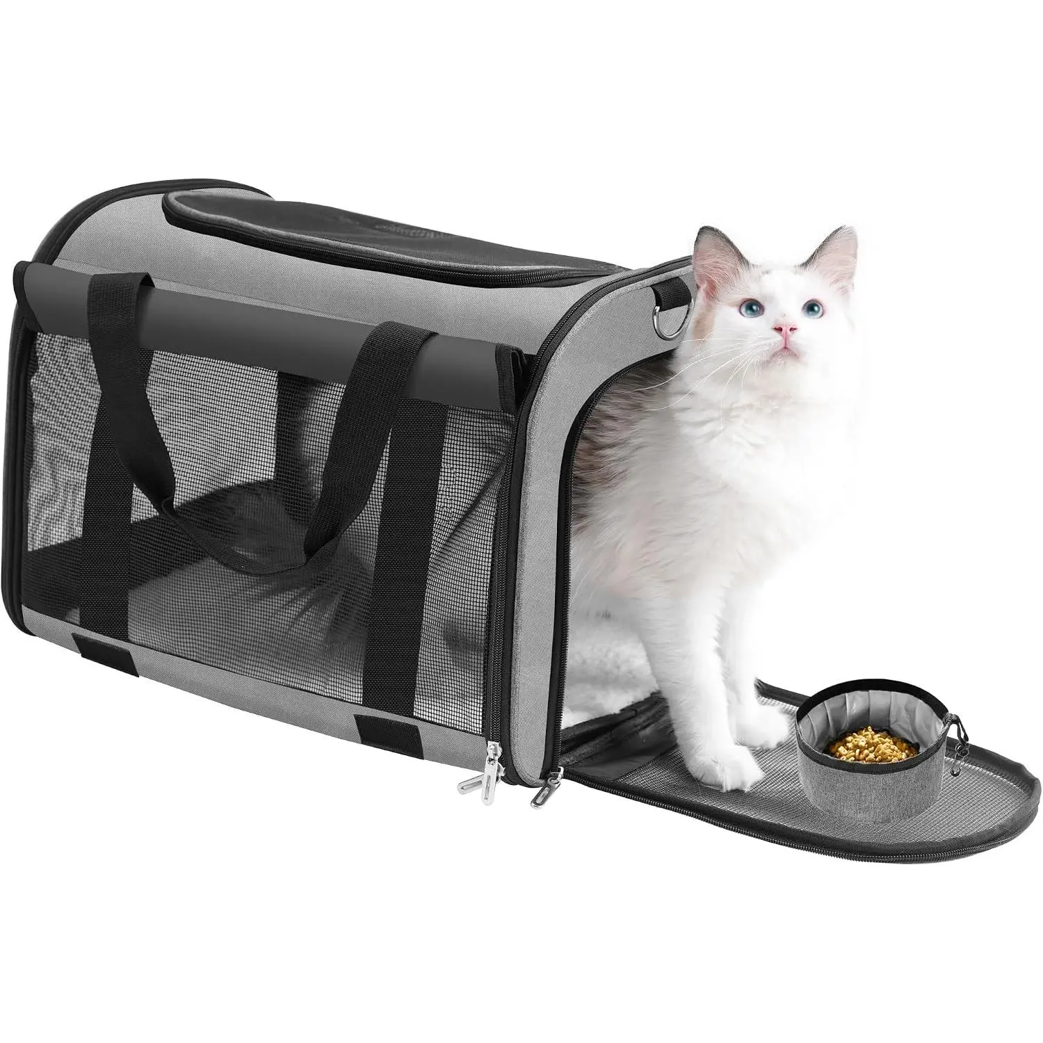 Practical Cat Carrier Backpack - Multifunctional, Firm, Foldable with Roll-Up Shade, Breathable Ventilation Design, Includes Collapsible Bowl & Cushion (Grey),sohochic