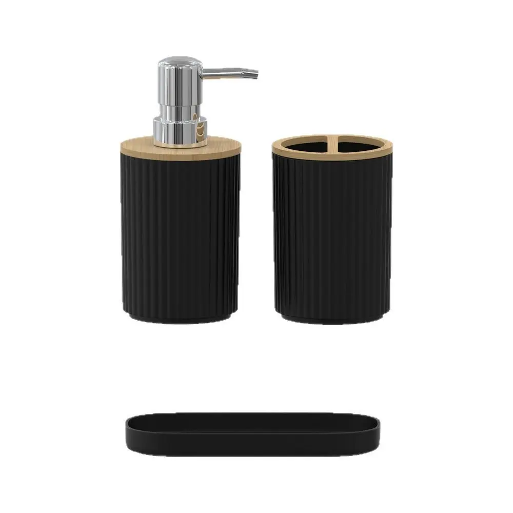 3pcs Vertical Stripe Bathroom Accessory Set, Bamboo Lid Soap Dispenser, Toothbrush Holder Tray, Countertop Decor, Modern Design