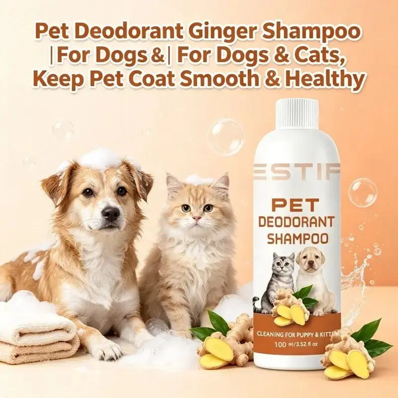 Pet Deodorant Shampoo For Dogs & Cats, Ginger Natural Puppy Kitten Cleaning Body Wash, Pet Grooming Bath Shampoo Keeps Pet Coat Smooth Healthy, Odor Removing Pet Shampoo 100ml