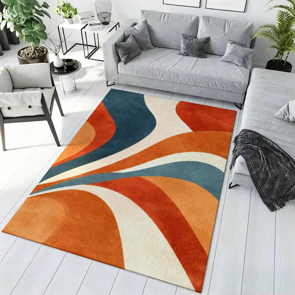 Orange Teal Beige Abstract Wave Crystal Velvet Modern Area Rug Modern Indoor Rug #OrangeTealAbstractRug #WavePatternFloorMat #RetroMidCenturyCarpet #CrystalVelvetHomeDecor