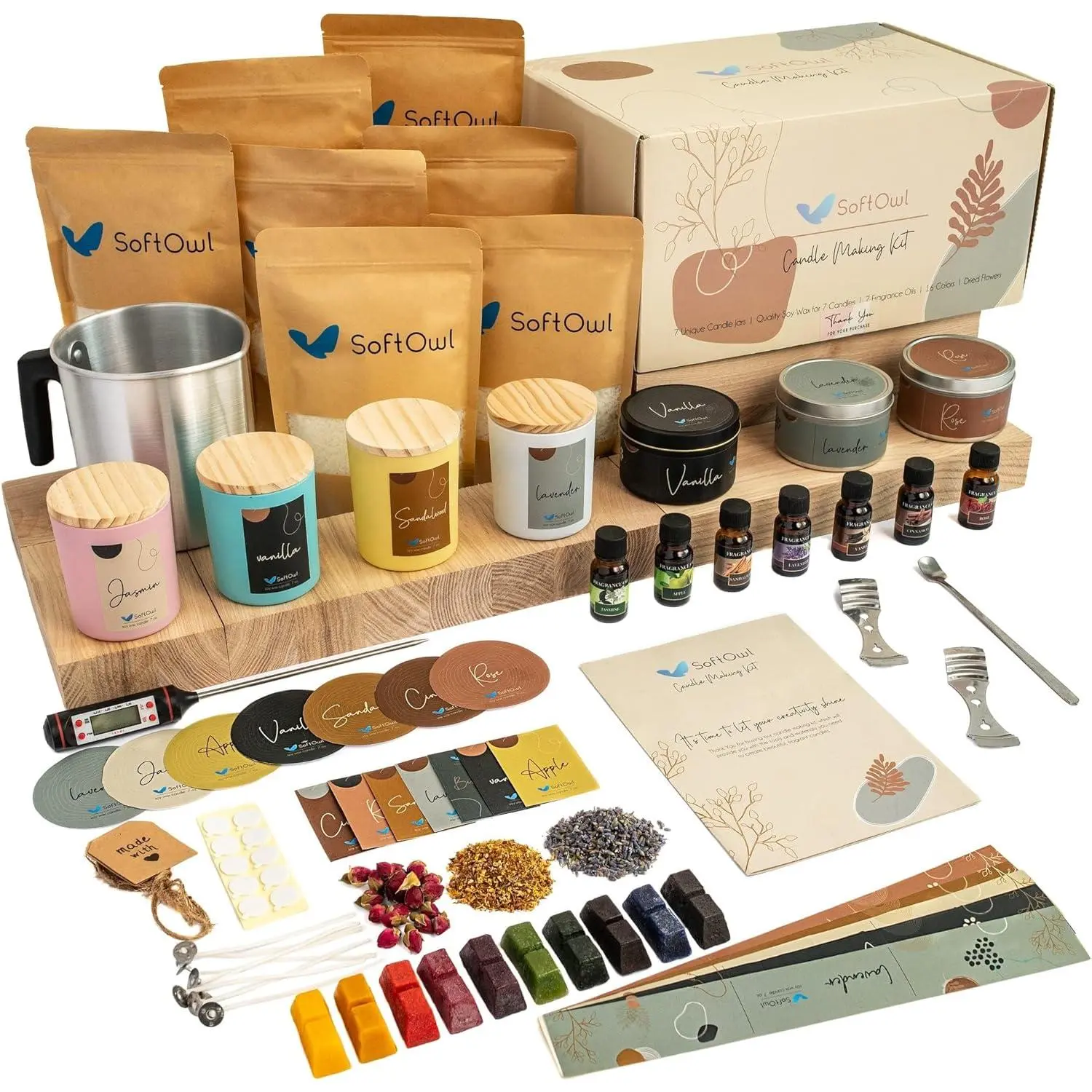 Complete Soy Candle Making Starter Kit for Beginners & Adults - DIY Set with 7 Fragrance Oils, 10 Dye Blocks, Premium Soy Wax, Wicks, Jars, and Tins for Aromatherapy Home Decor, Glue Dots, Diy Time