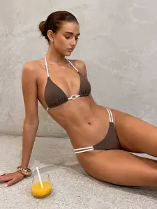 2 Pieces/Set Coffee Color Halter Bikini Set Women Sexy Ring Linked Swimsuits Female High Leg Cut Thong Swimwear Bathing Suits