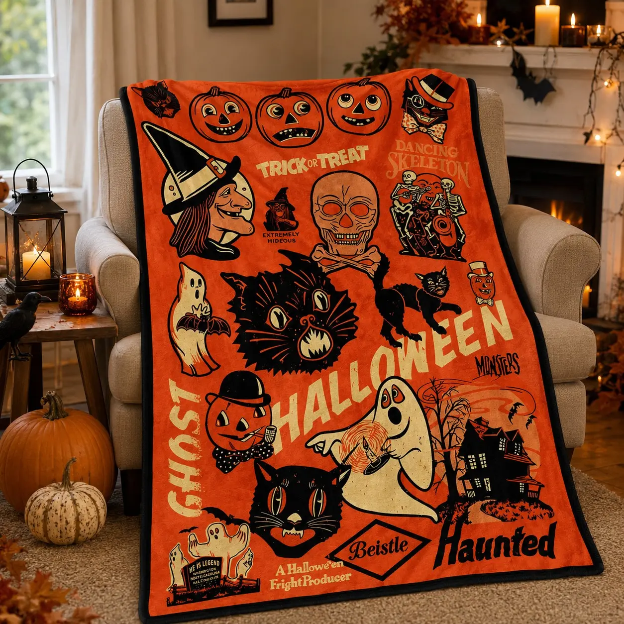 Vintage Beistle Halloween Ghost Pumpkin Black Cat Skeleton Print Flannel Blanket Soft Warm Throw Blanket, Decorative Couch Bedroom Nap Blanket, Giftable Plush Comfortable Retro Fall Holiday Home Blanket For All Seasons
