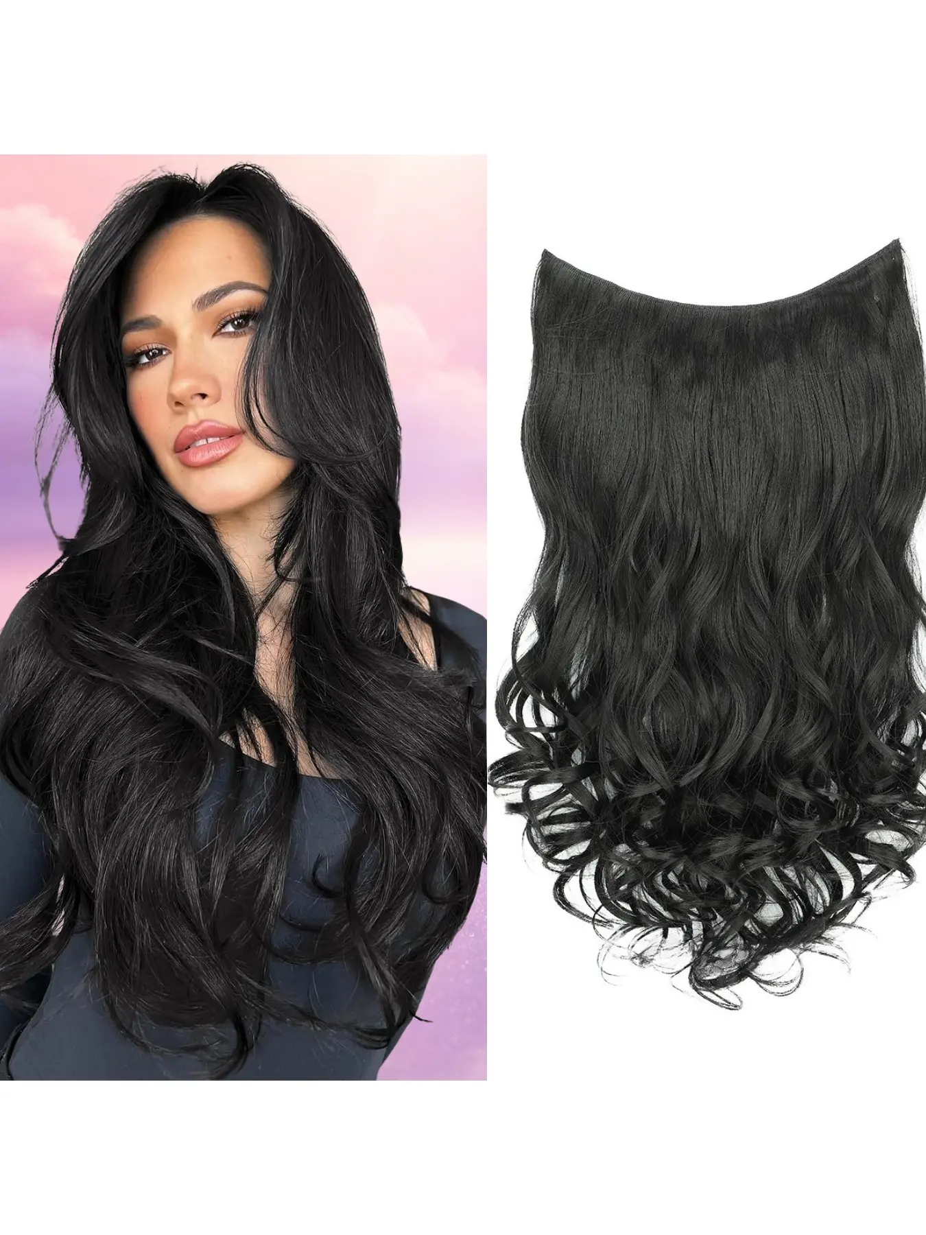 Halo Hair Extensions 20 Inch 4.41 Oz One‑Piece V‑Shaped Layered Design,10‑Clips U‑Shape Invisible Seamless Long Curly Synthetic Hairpieces for Women