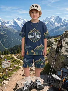 Boys' "The Traverse" Mountain Badge Hiking Set, Soft Breathable Fabric, Short Sleeve Tee + Matching Shorts, Kids' Outdoor Outfit, Bold Alpine Crest Design