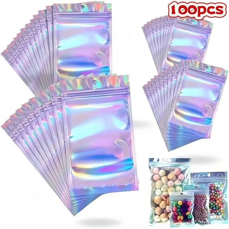 100 Pieces Colorful Laser Sealed Gift Bags, Dual Layer Moisture Proof, Hang Hole for Display, Ideal for Candies, Crafts, Festive Events, Gift Wrapping Supplies