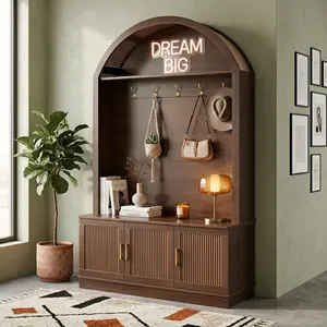 Farmhouse Fabric Arched Top Hall Tree with 5 Metal Hooks, All-in-One Mudroom Furniture Adjustable Shelves, Mid-Century Fluted Door Entryway Bench Wood Grain Finish for Hallway, Walnut summerwins # shelf storage bin